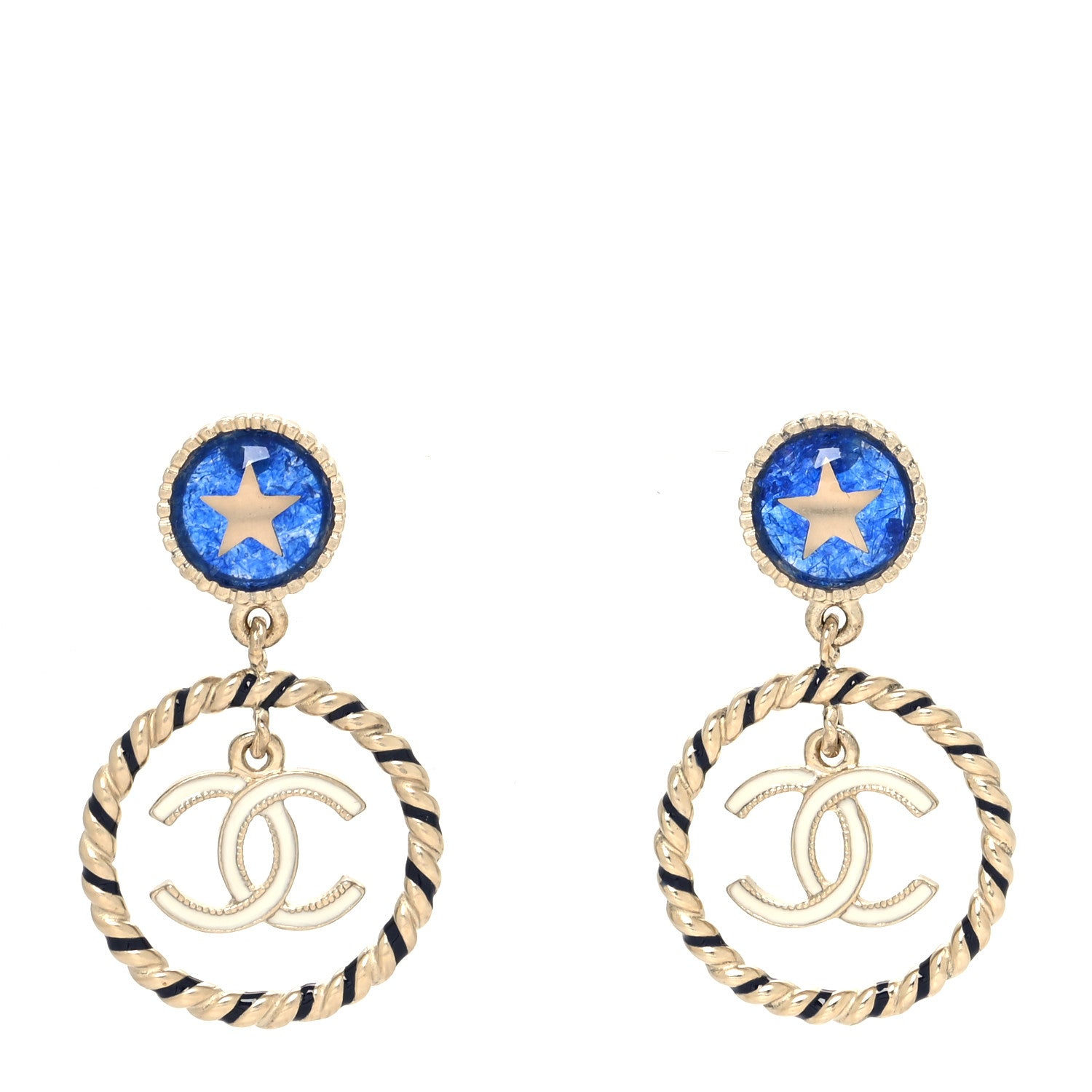 Chanel Resin Star CC Drop Earrings Blue Gold 1 of 4