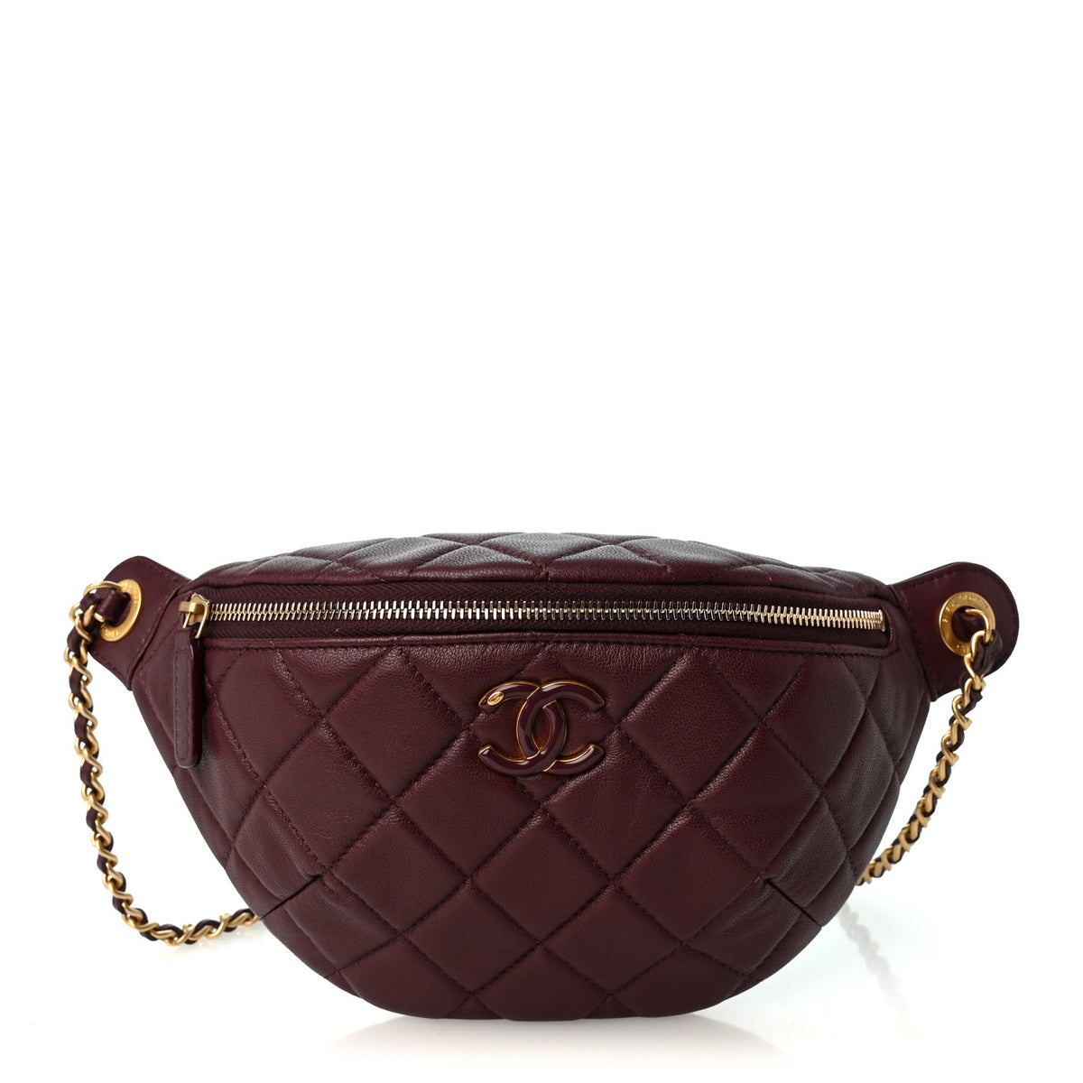 Shiny Lambskin Enamel Quilted Waist Bag Fanny Pack Burgundy