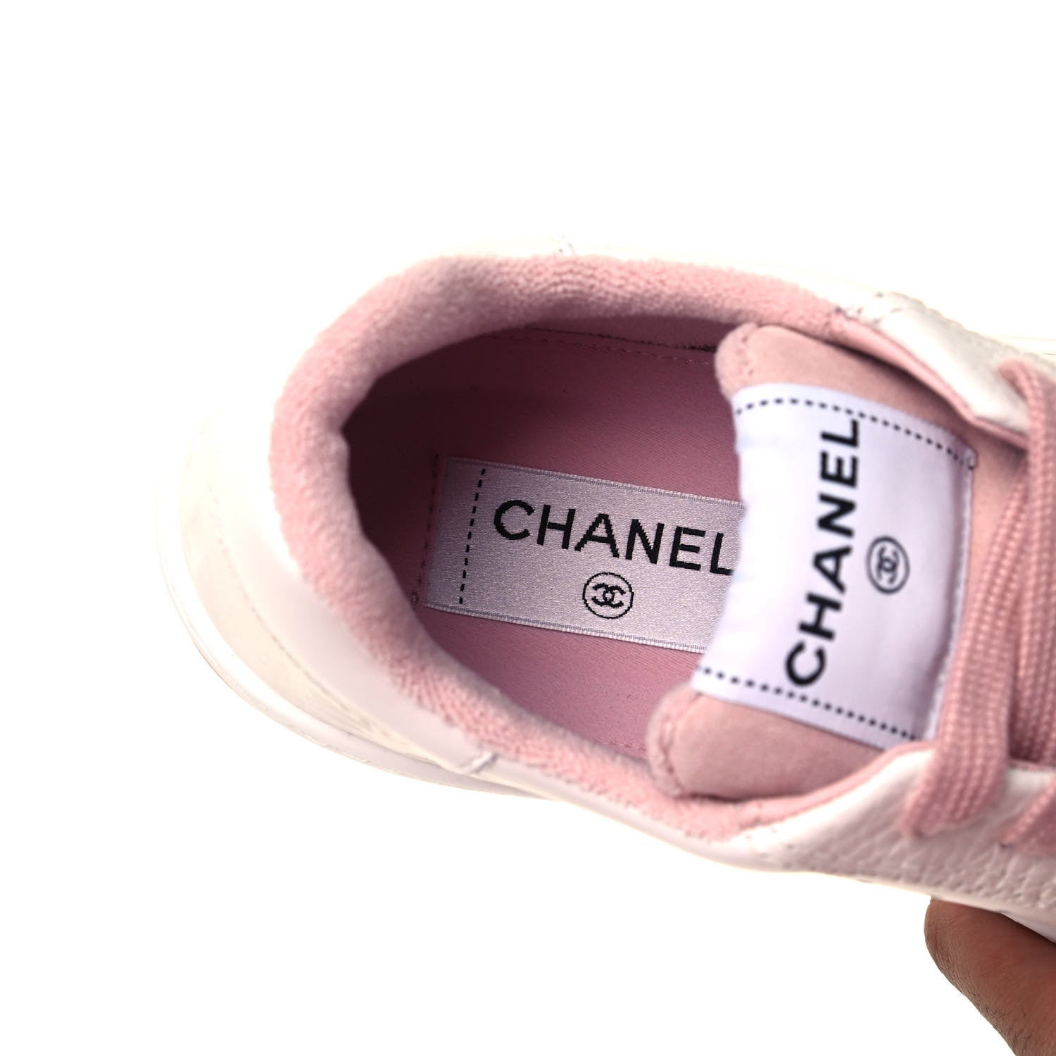 Chanel Grained Calfskin Fabric Womens Logo Sneakers 37.5 White Light Pink 6 of 7