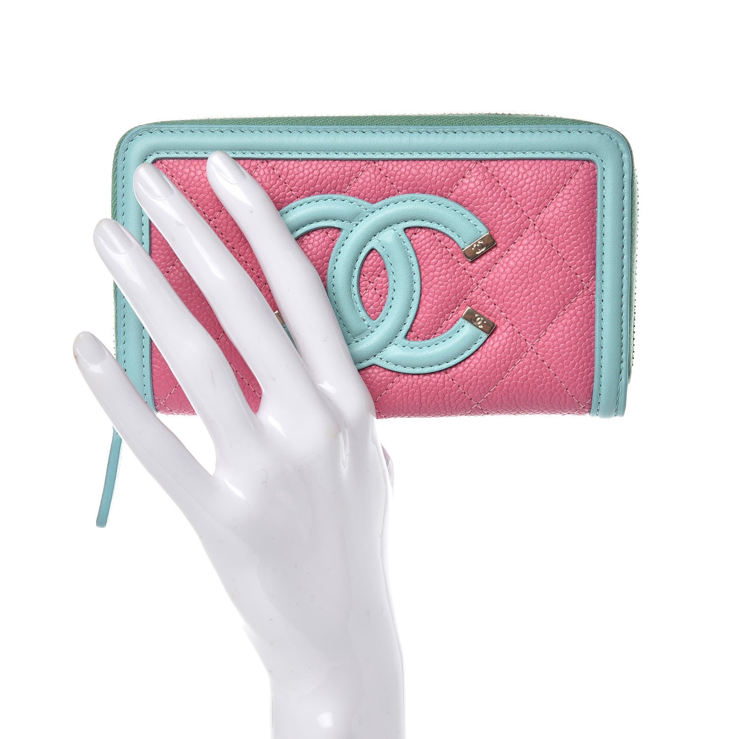 Chanel Caviar Quilted Medium Filigree Zip Around Wallet Pink Blue Green 2 of 10