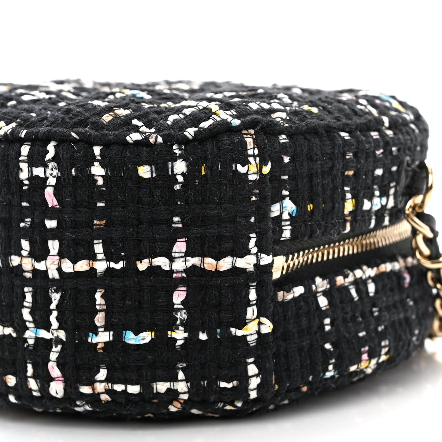Tweed Round Clutch With Chain Black White Multicolor