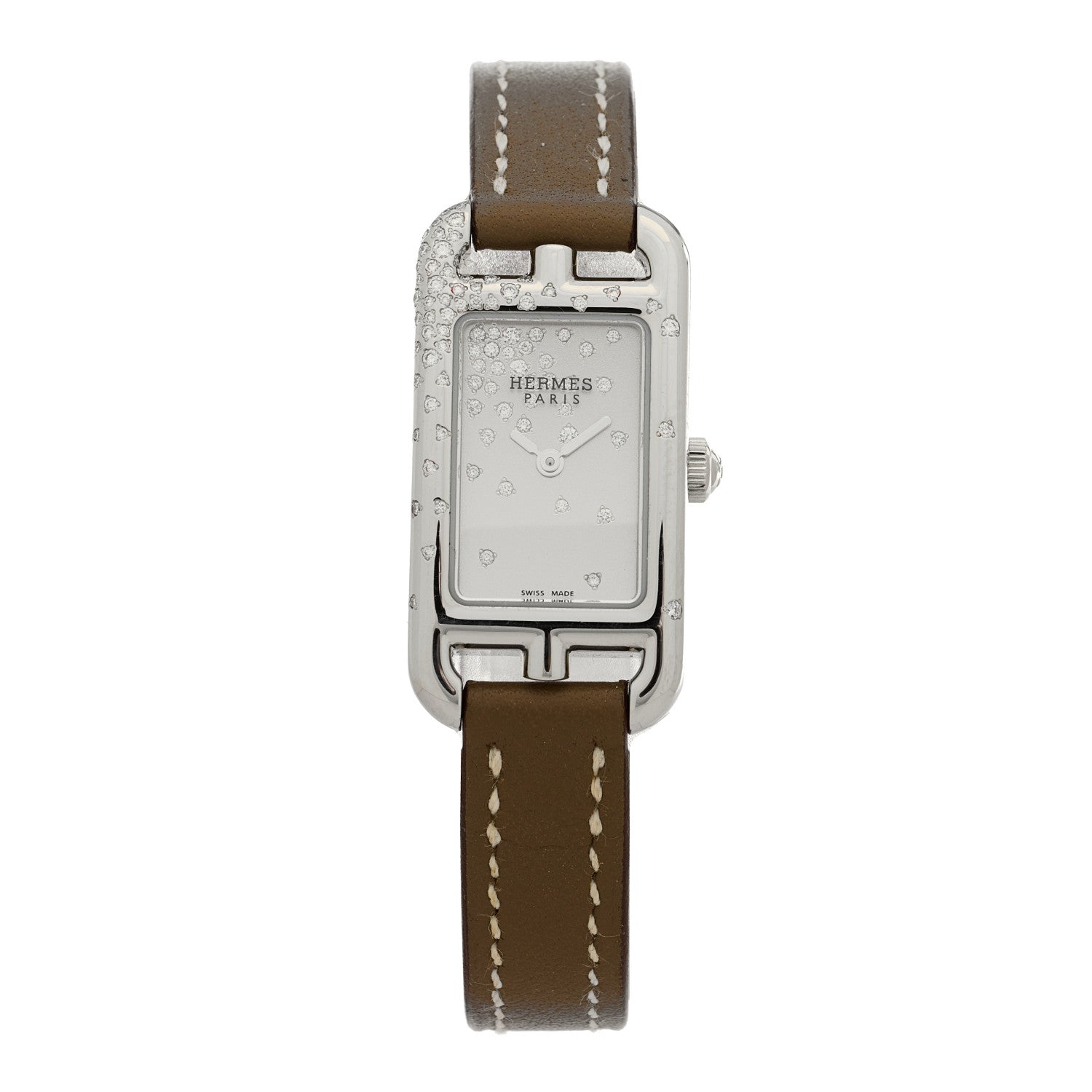 Hermes Stainless Steel Swift Diamond 17mm Nantucket Jete De Diamants Quartz Watch Etoupe 1 of 4