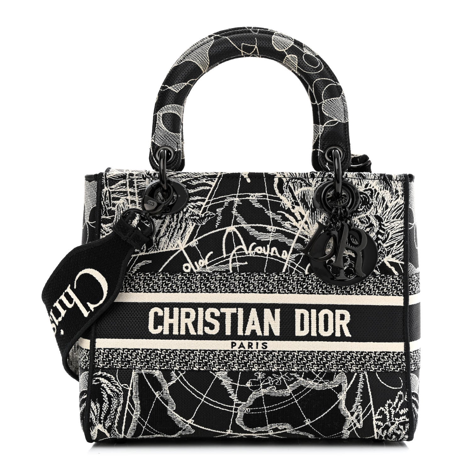 Christian Dior Toile de Jouy Embroidered Medium Lady D-Lite Black White 1 of 9