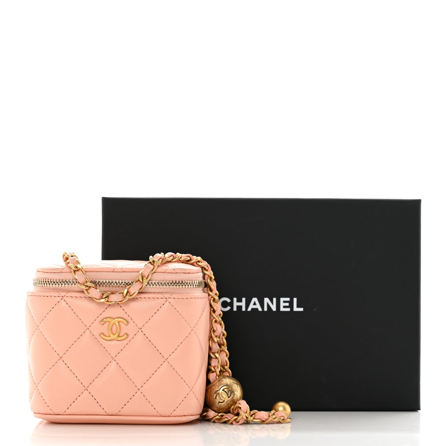 Lambskin Quilted Pearl Crush Mini Vanity Case With Chain Light Beige