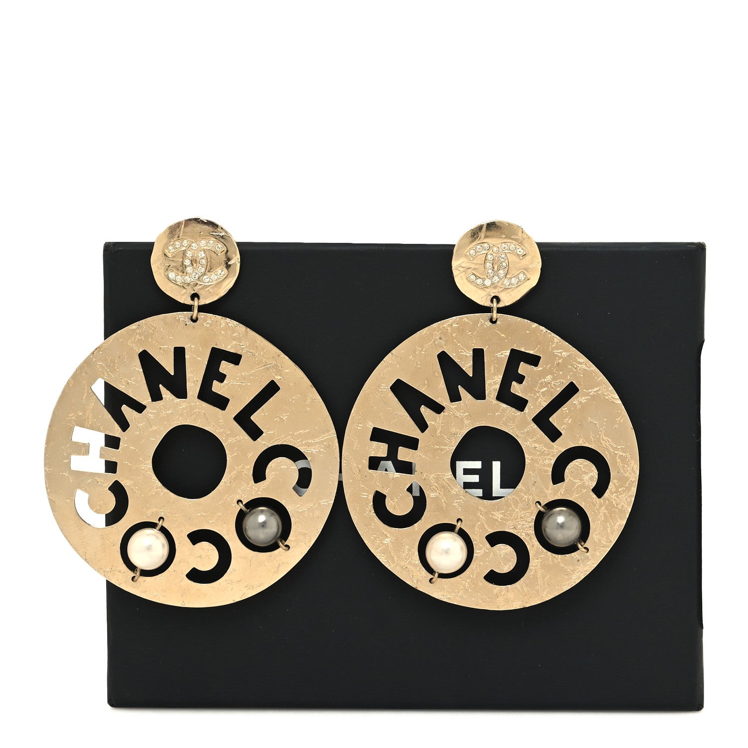 Chanel Crystal Pearl CC Papyrus Drop Earrings Gold Grey 5 of 5