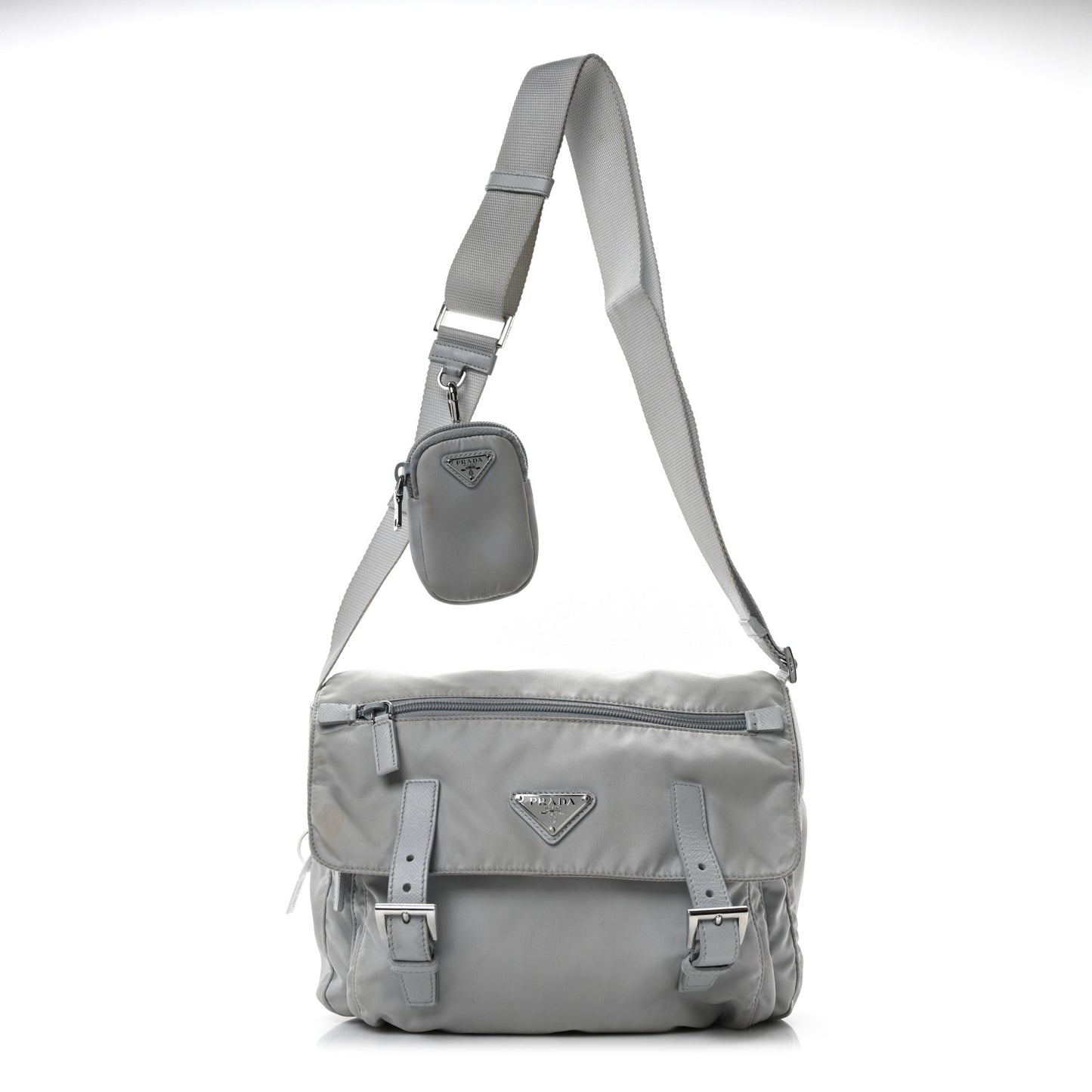 Re-Nylon Vela Saffiano Pocket Double Buckle Messenger Shoulder Bag Fiordaliso