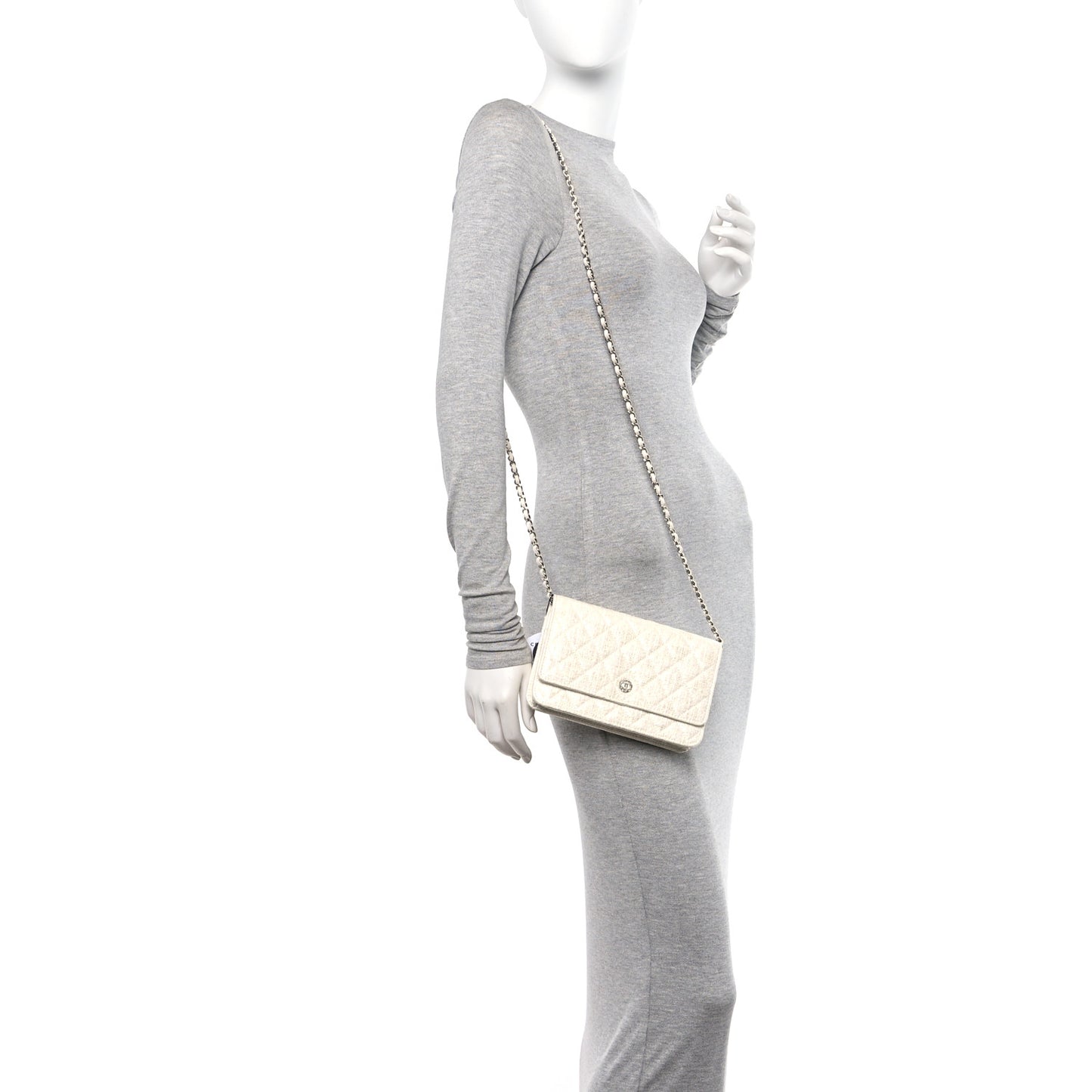 Tweed Quilted Wallet on Chain WOC White