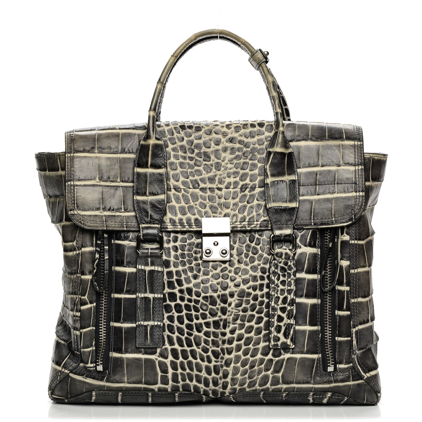 3.1 Calfskin Crocodile Embossed Large Pashli Satchel Antique Grey