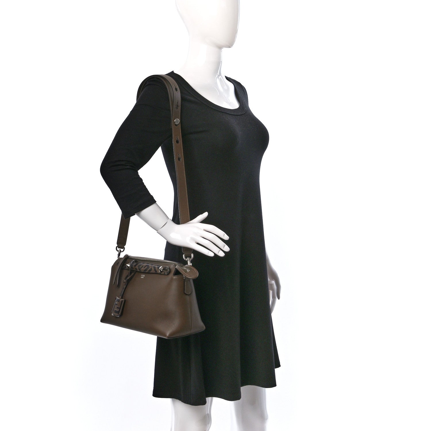 Fendi Vitello Dolce Bi-Color FF 1974 Embossed Medium By The Way Boston Bag Maya Black 3 of 9