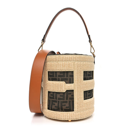 Fendi Paglia Chicco Riso Fabric Jacquard FF 1974 Vitello Grace Mini Step Out Bucket Bag Alchemy Tabacco Brandy 1 of 10