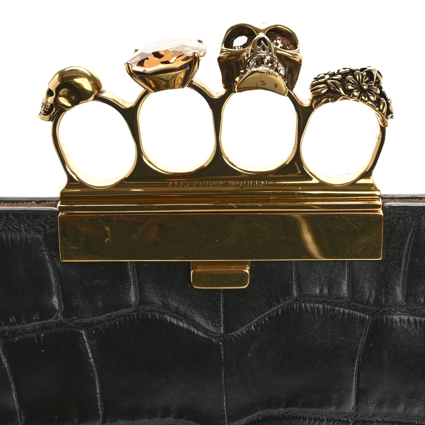 Calfskin Crocodile Embossed Knuckle Flat Clutch Black