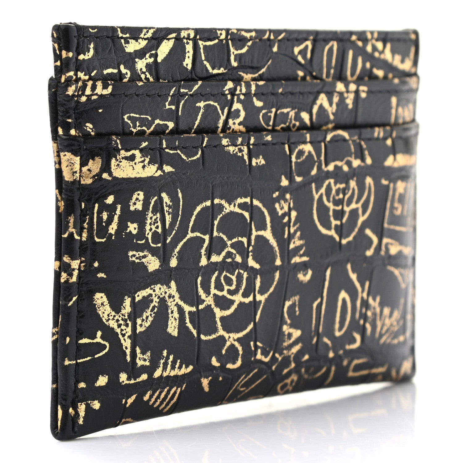 Chanel Calfskin Crocodile Embossed Graffiti 2.55 Cocodile Reissue Card Holder Black Gold 3 of 8
