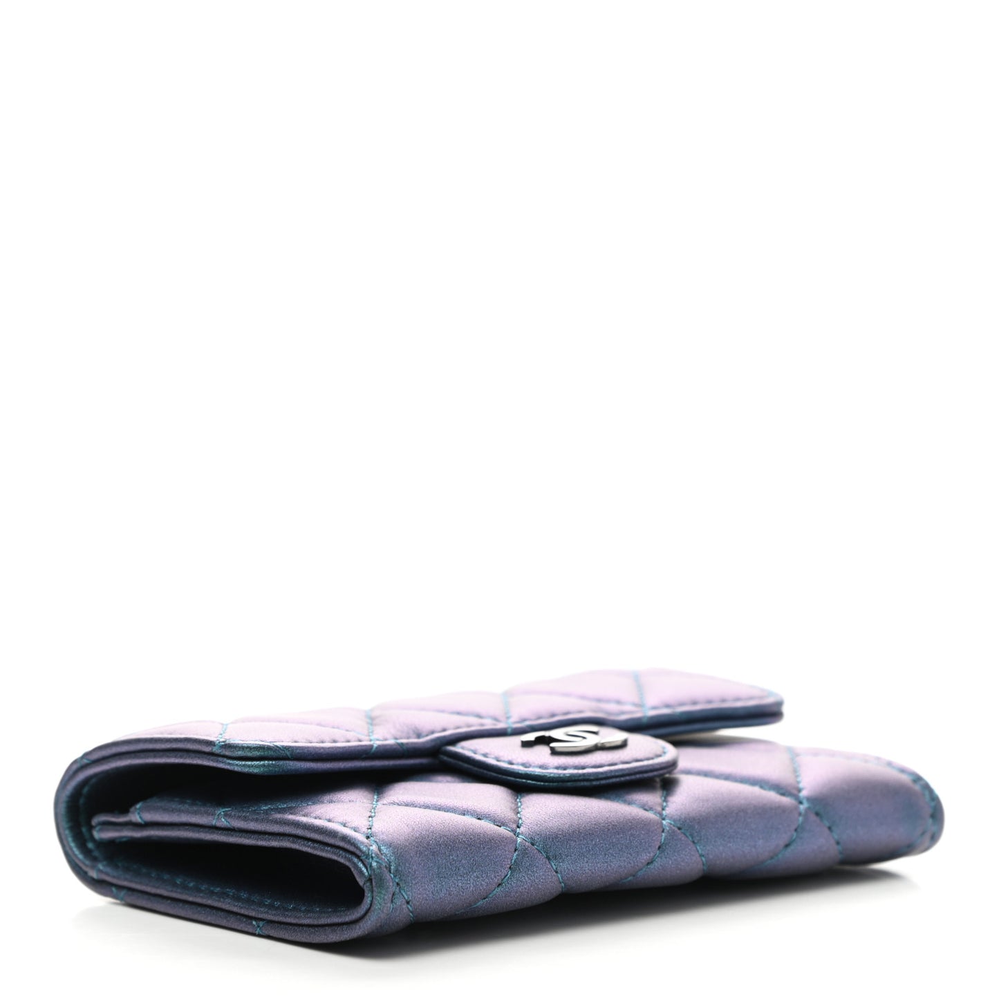 Iridescent Lambskin Quilted Flap Card Holder Turquoise