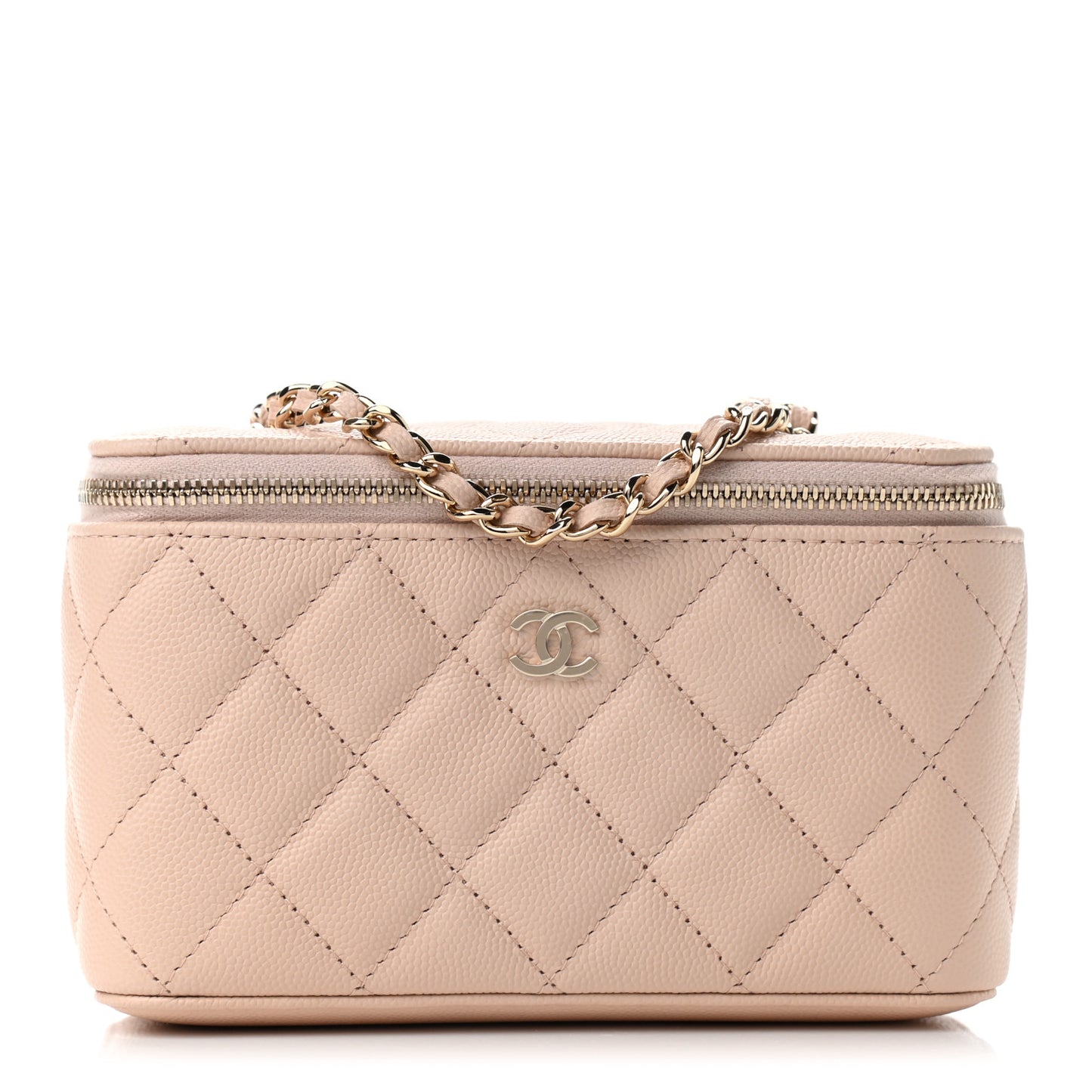 Caviar Quilted Small Vanity Case With Chain Light Beige