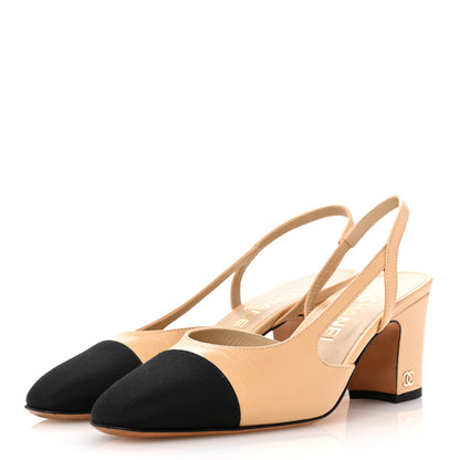 Chanel Goatskin Grosgrain Cap Toe CC Slingback Pumps 36 Beige Black 4 of 13