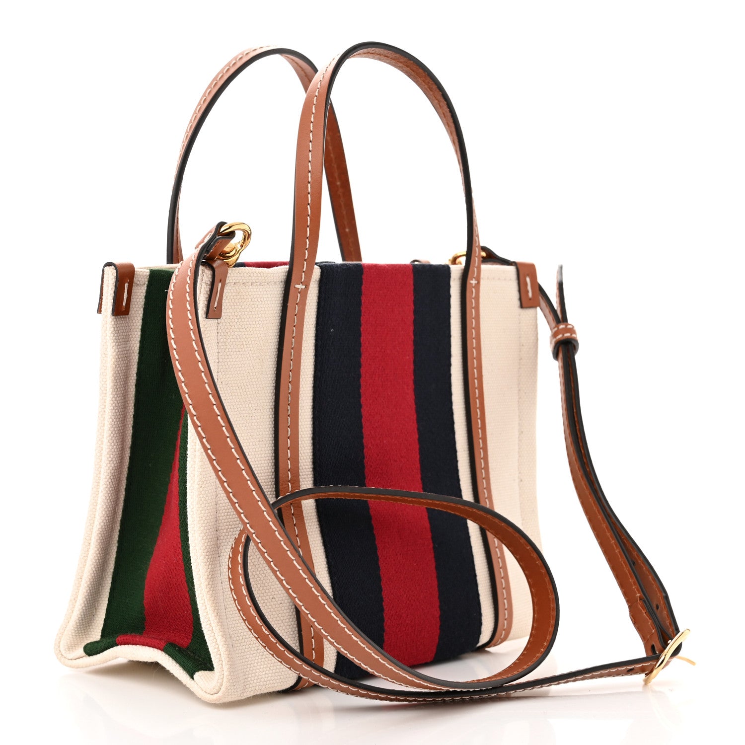 Gucci Canvas Calfskin Web Mini Interlocking G Top Handle Tote White Brown Blue Red 3 of 11