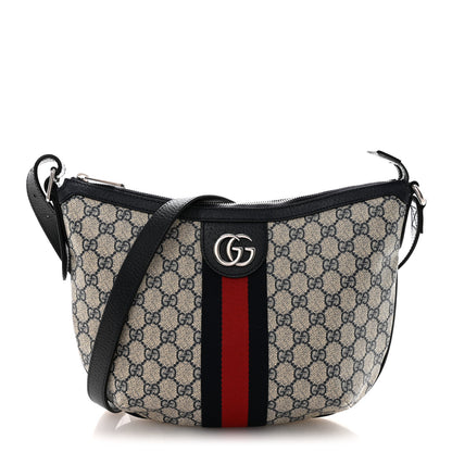 Gucci GG Supreme Monogram Textured Dollar Calfskin Web Small Ophidia Half Moon Hobo Beige Blue 1 of 12