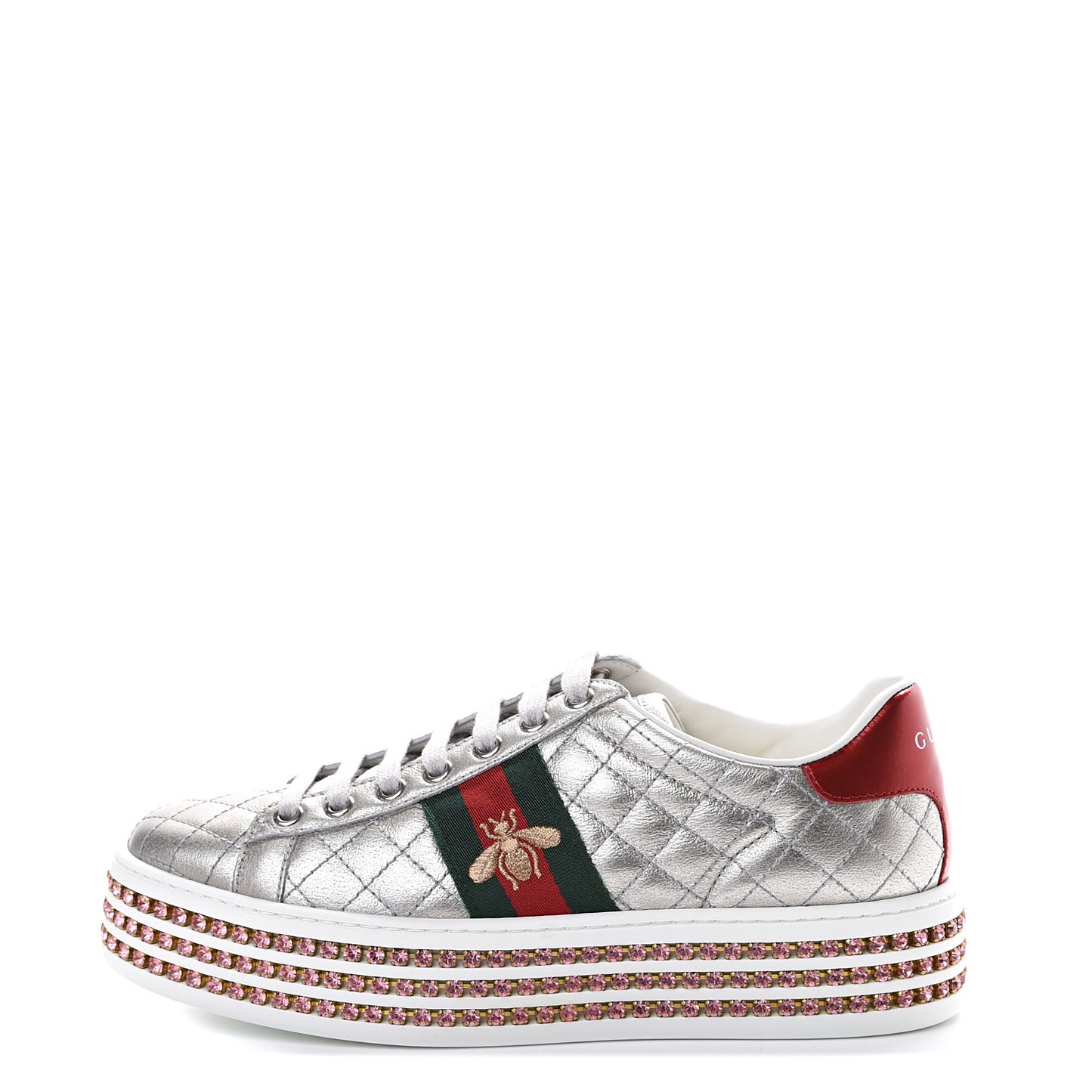 Laminated Nappa Crystal Web Bee Embroidered Trapuntata Womens Ace Platform Sneakers 36.5 Argento