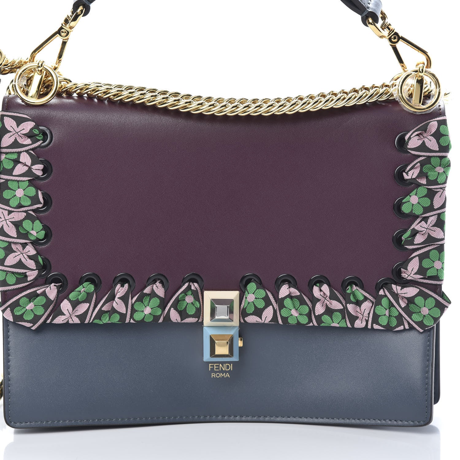 Fendi Calfskin Ribbon Lace Up Kan I Shoulder Bag Bordeaux Blue 8 of 10