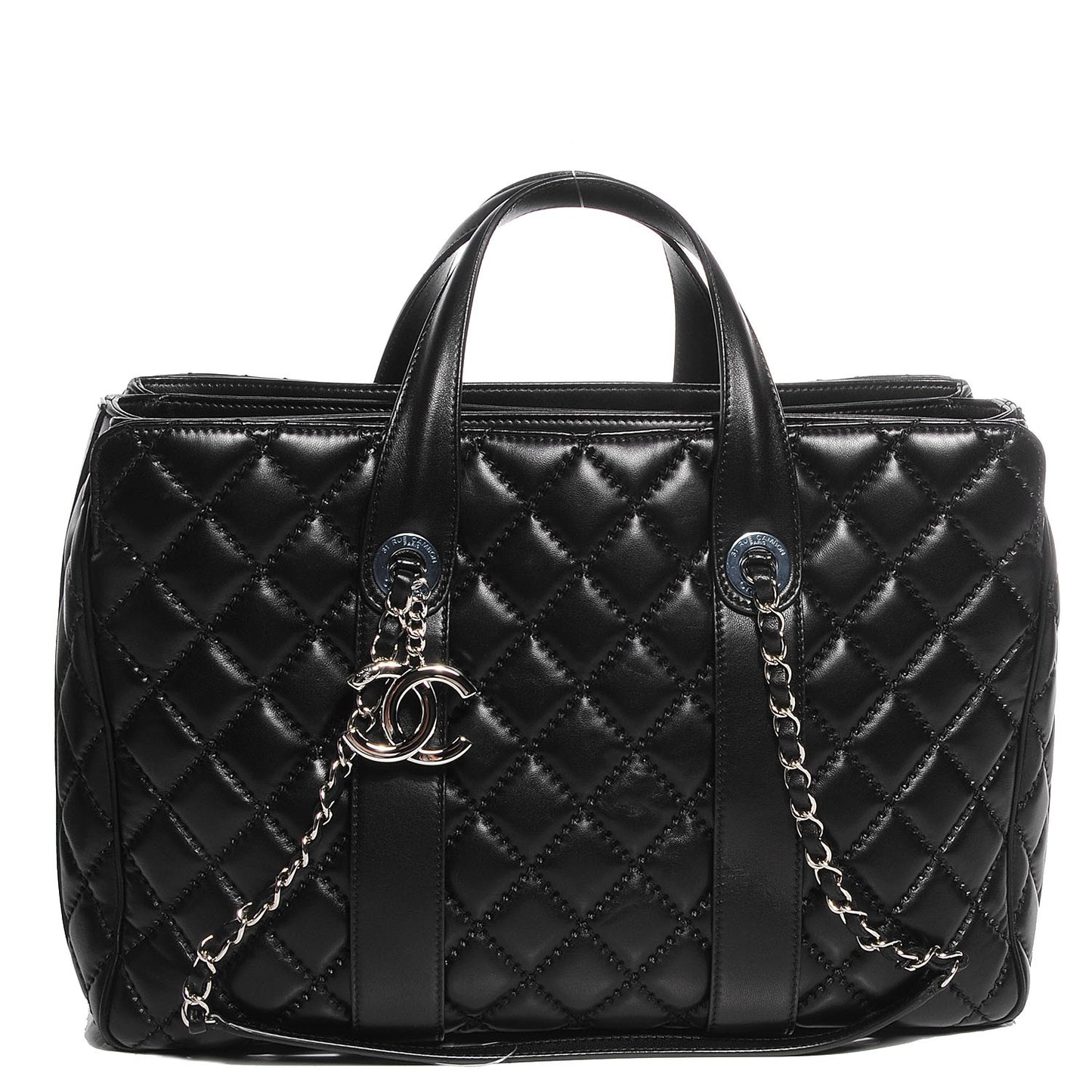 Lambskin Quilted Large Easy Carry Shopping Tote Black