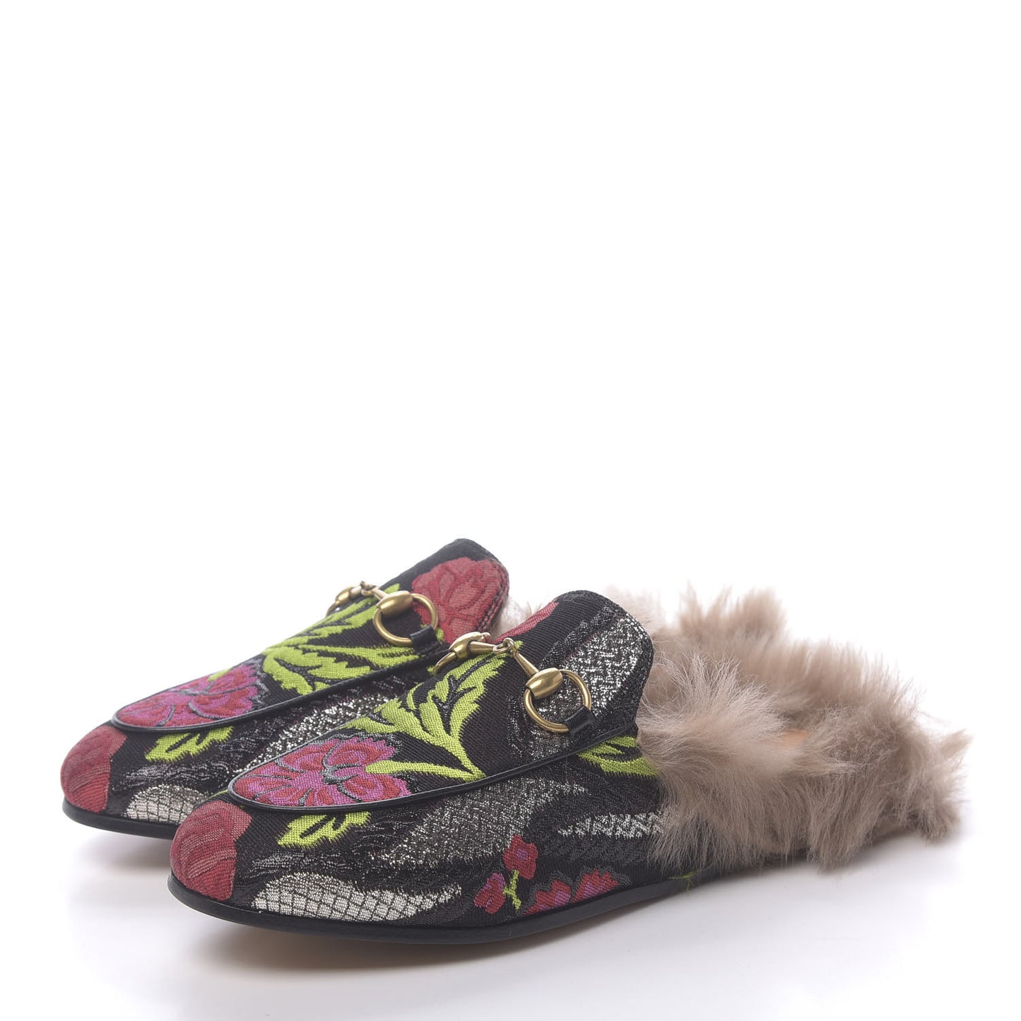 Brocade Fur Floral Womens Princetown Slippers 35 Black Anthracite