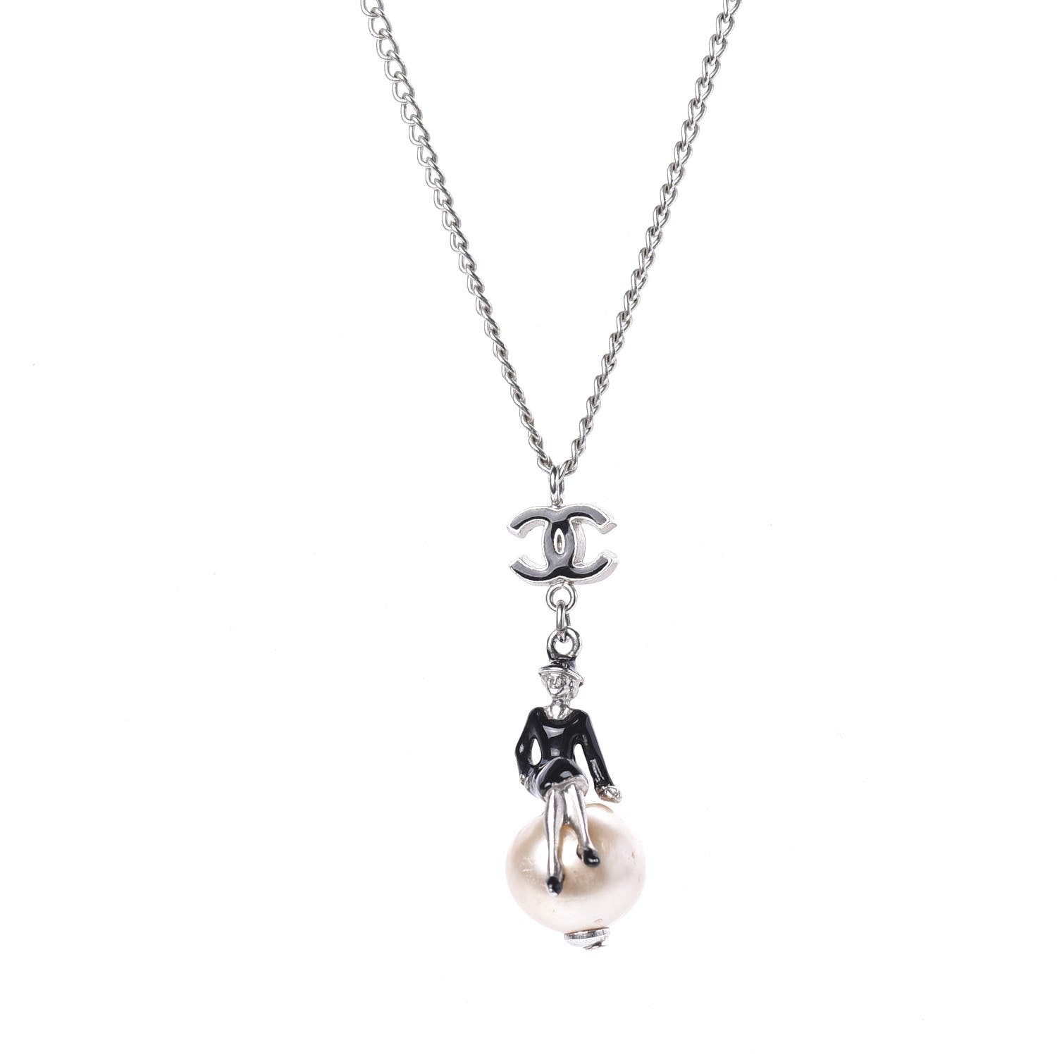 Chanel Enamel Pearl Coco Over The Moon Pendant Necklace Black Silver 4 of 5