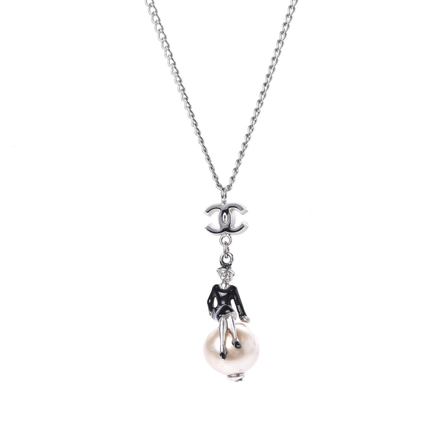 Enamel Pearl Coco Over The Moon Pendant Necklace Black Silver
