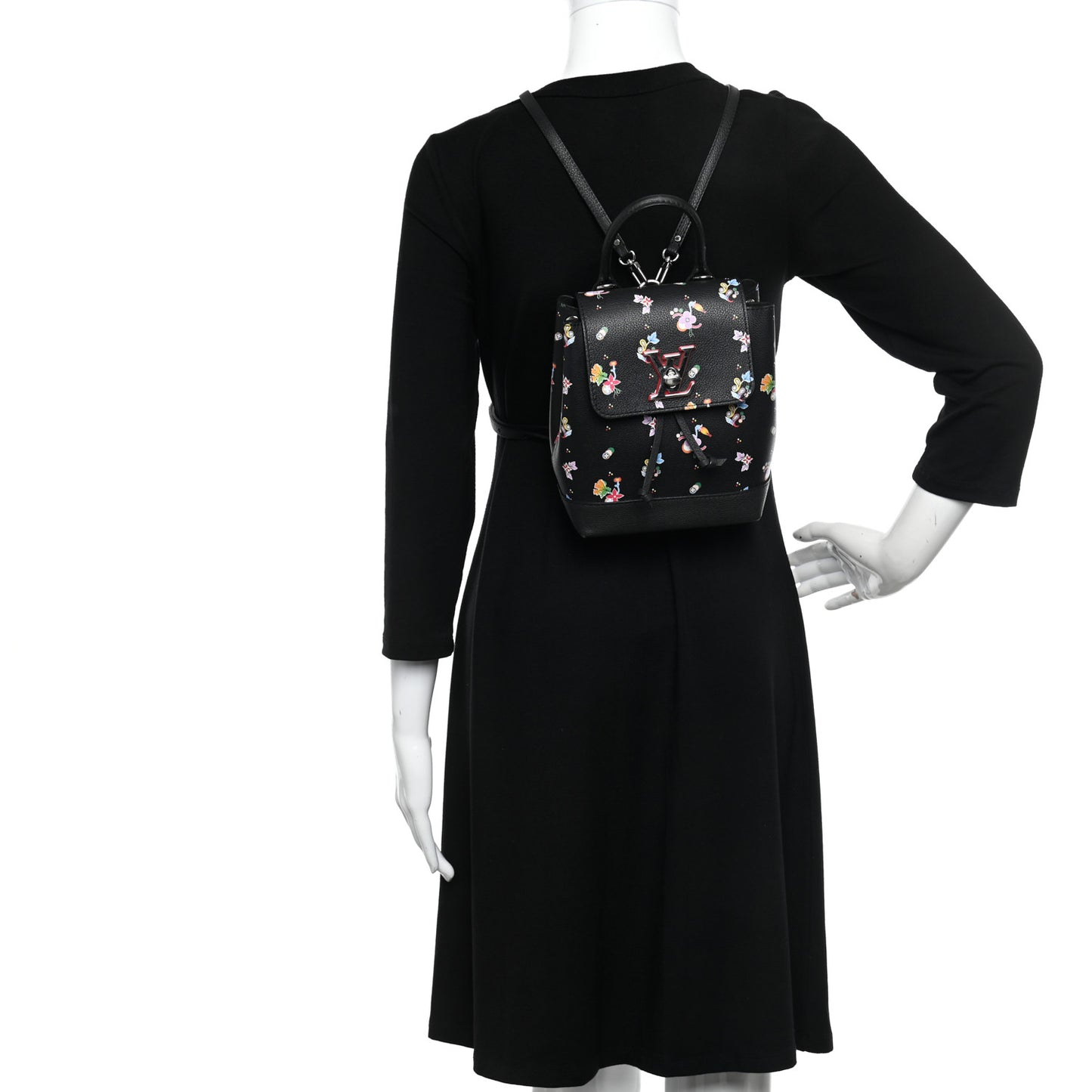 Calfskin Flower Lockme Mini Backpack Black Multicolor