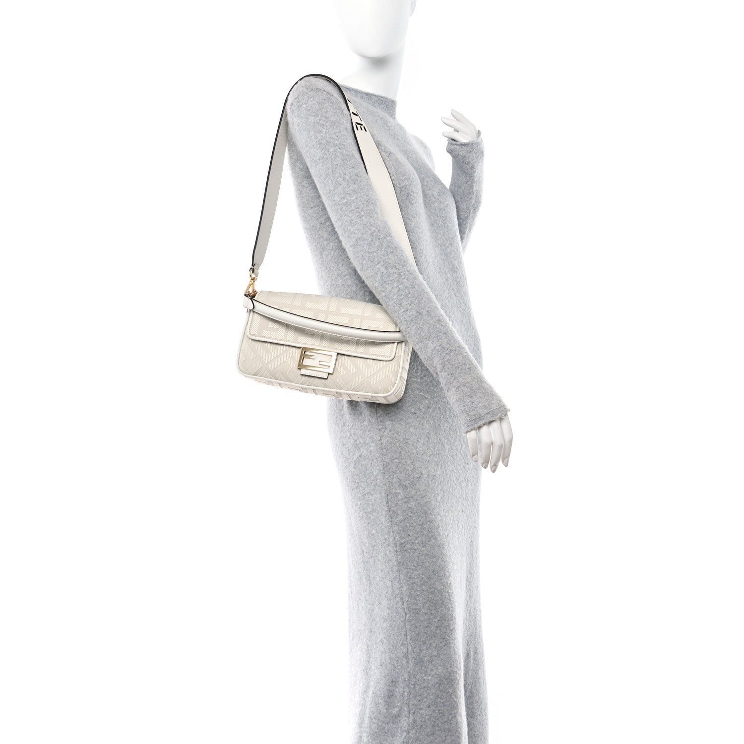 Fendi Canvas Vitello King Extra Strap FF Embroidered Baguette White Ice 2 of 11