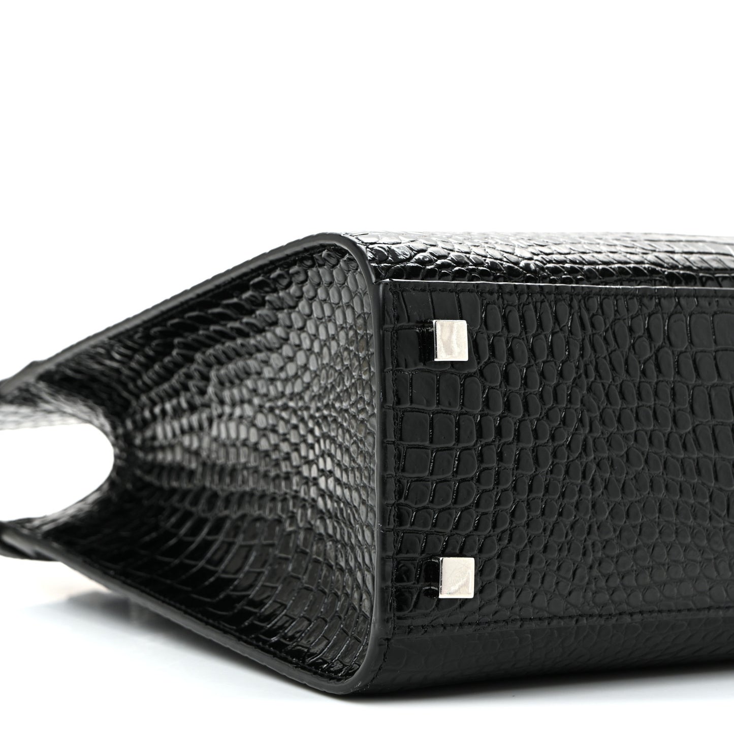 Shiny Calfskin Crocodile Embossed Small Manhattan Shopper Tote Black