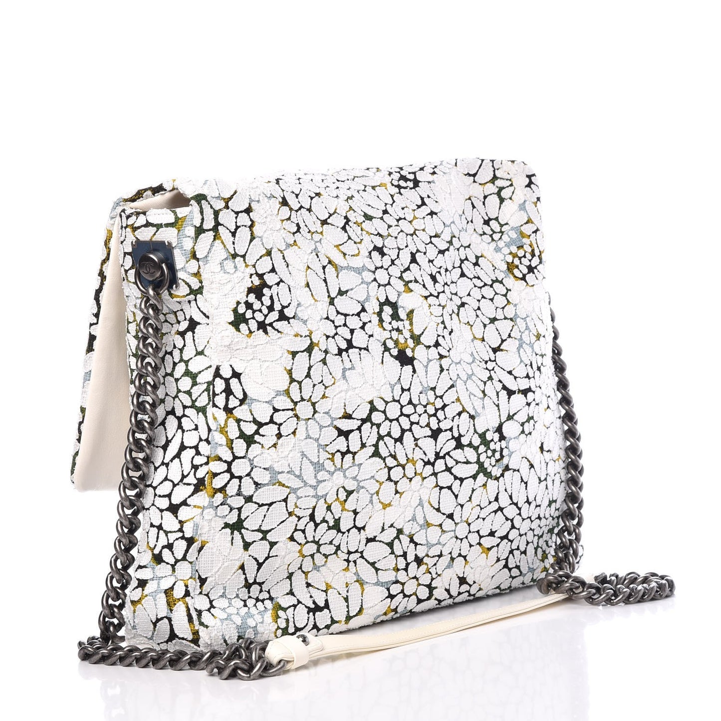 Tweed Calfskin Floral Messenger Flap Green Black White