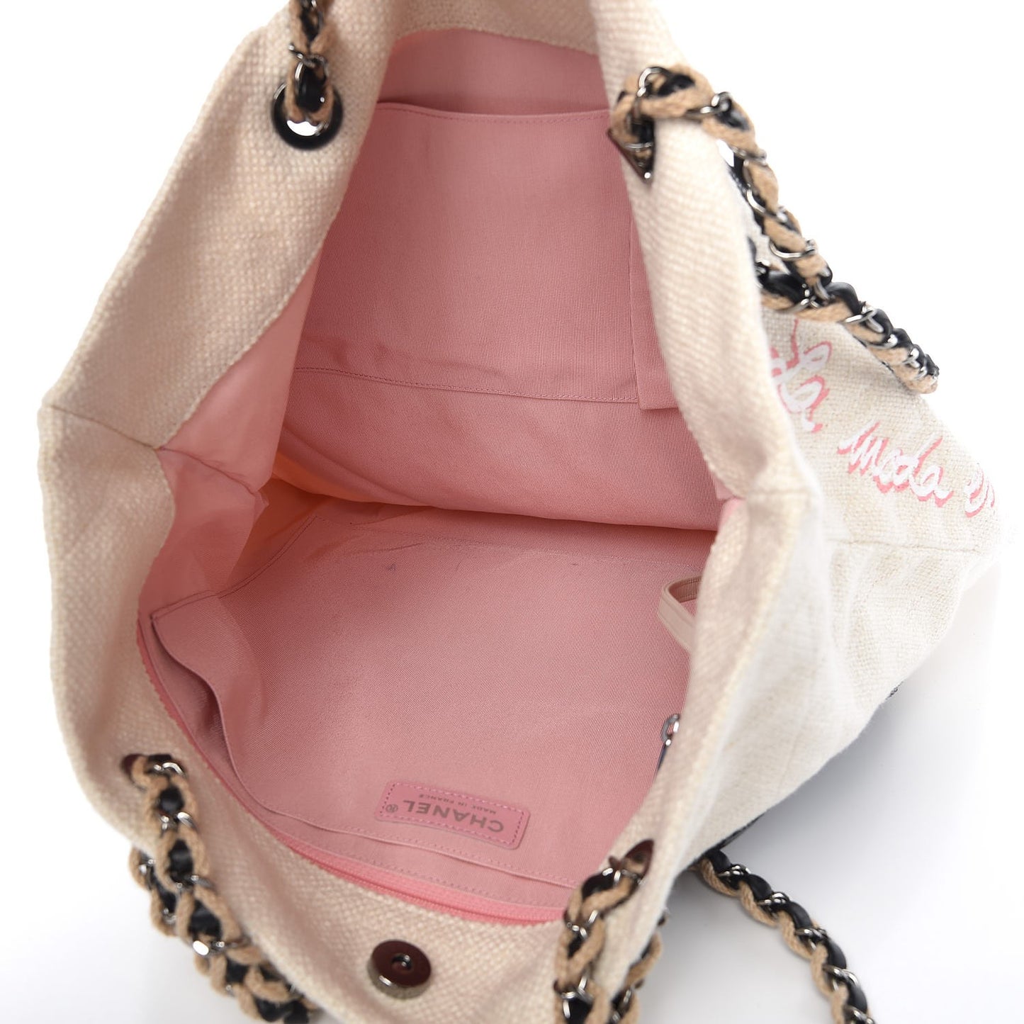 Canvas Embroidered Record Print Large Shopping Tote Ivory Black