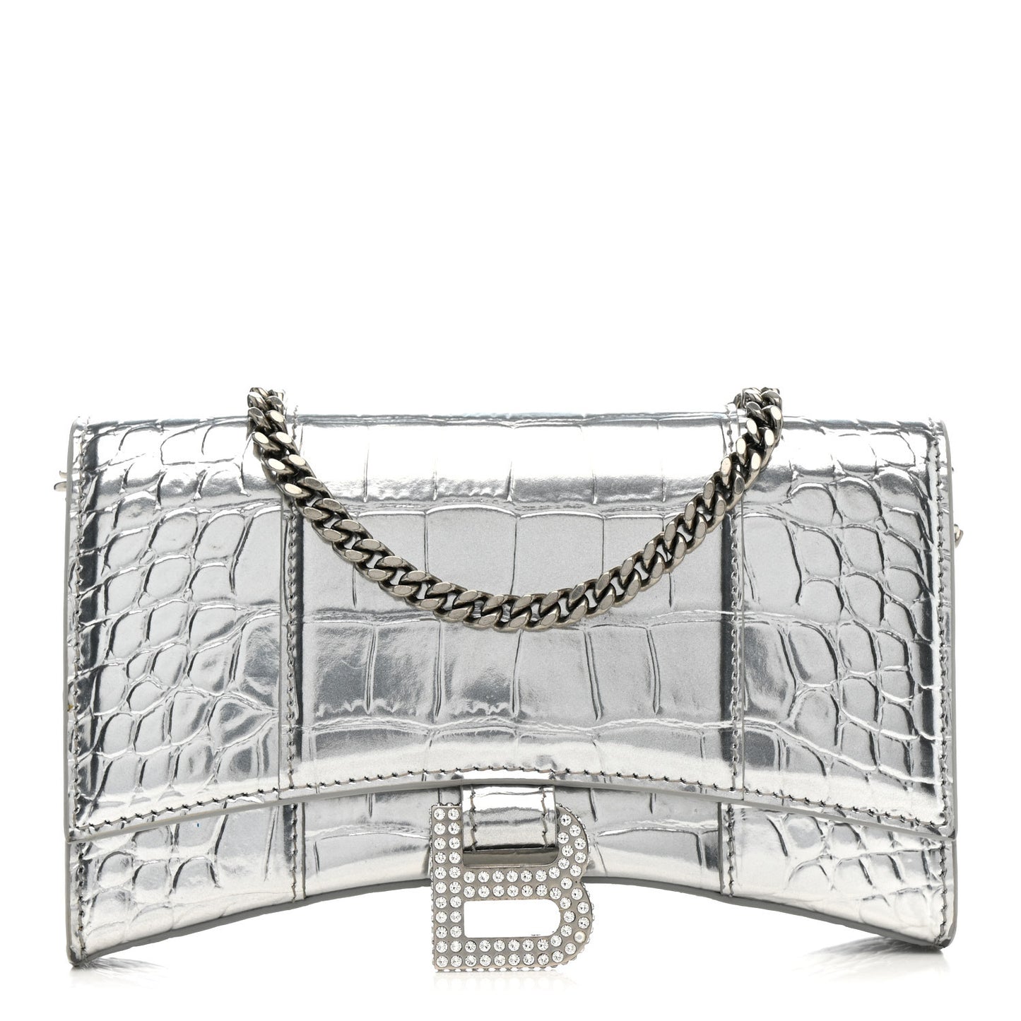 Metallic Calfskin Crocodile Embossed Hourglass Chain Bag Silver