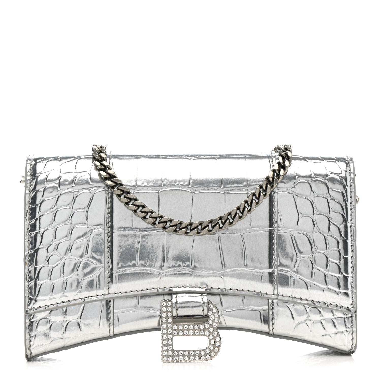 Balenciaga Metallic Calfskin Crocodile Embossed Hourglass Chain Bag Silver 1 of 13