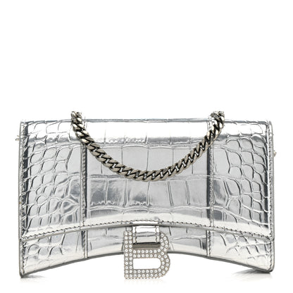 Balenciaga Metallic Calfskin Crocodile Embossed Hourglass Chain Bag Silver 1 of 13