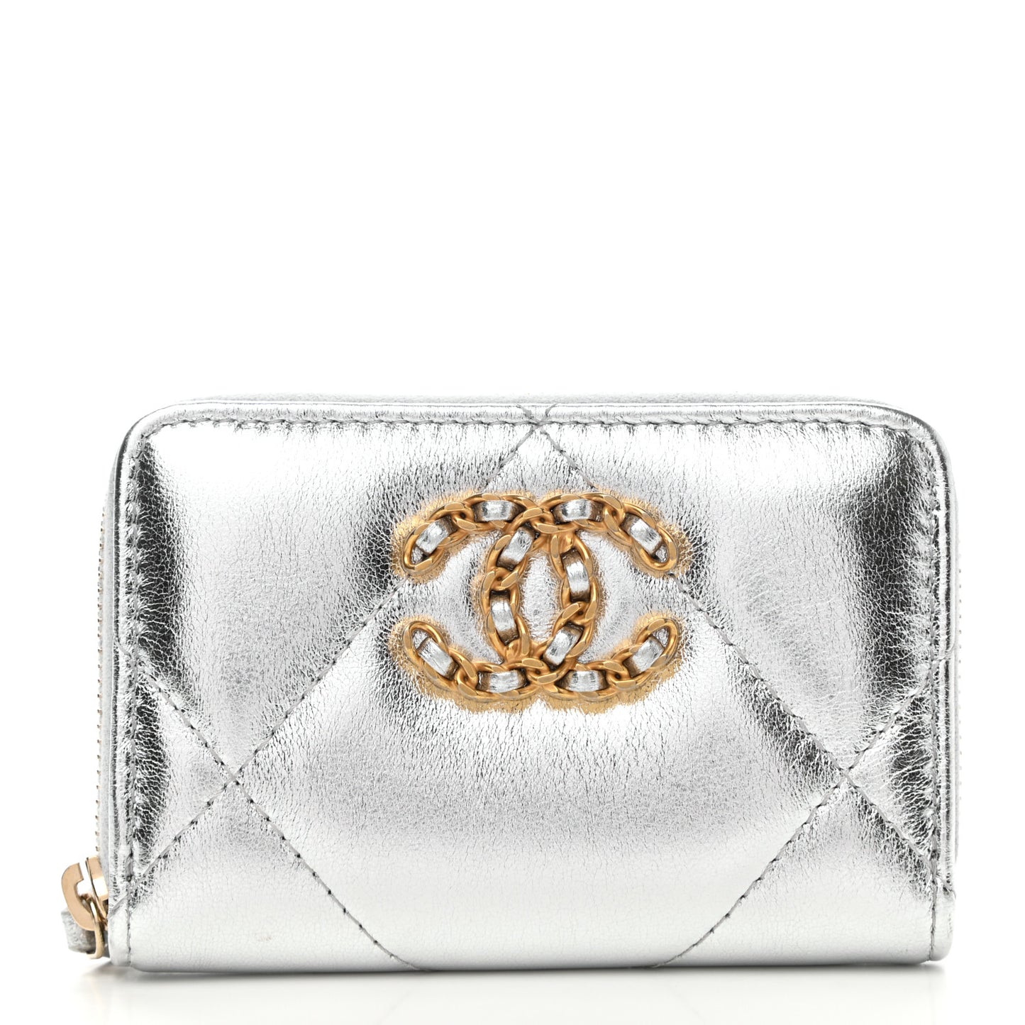Metallic Lambskin Quilted Chanel 19 Zip Around Coin Purse Wallet Silver