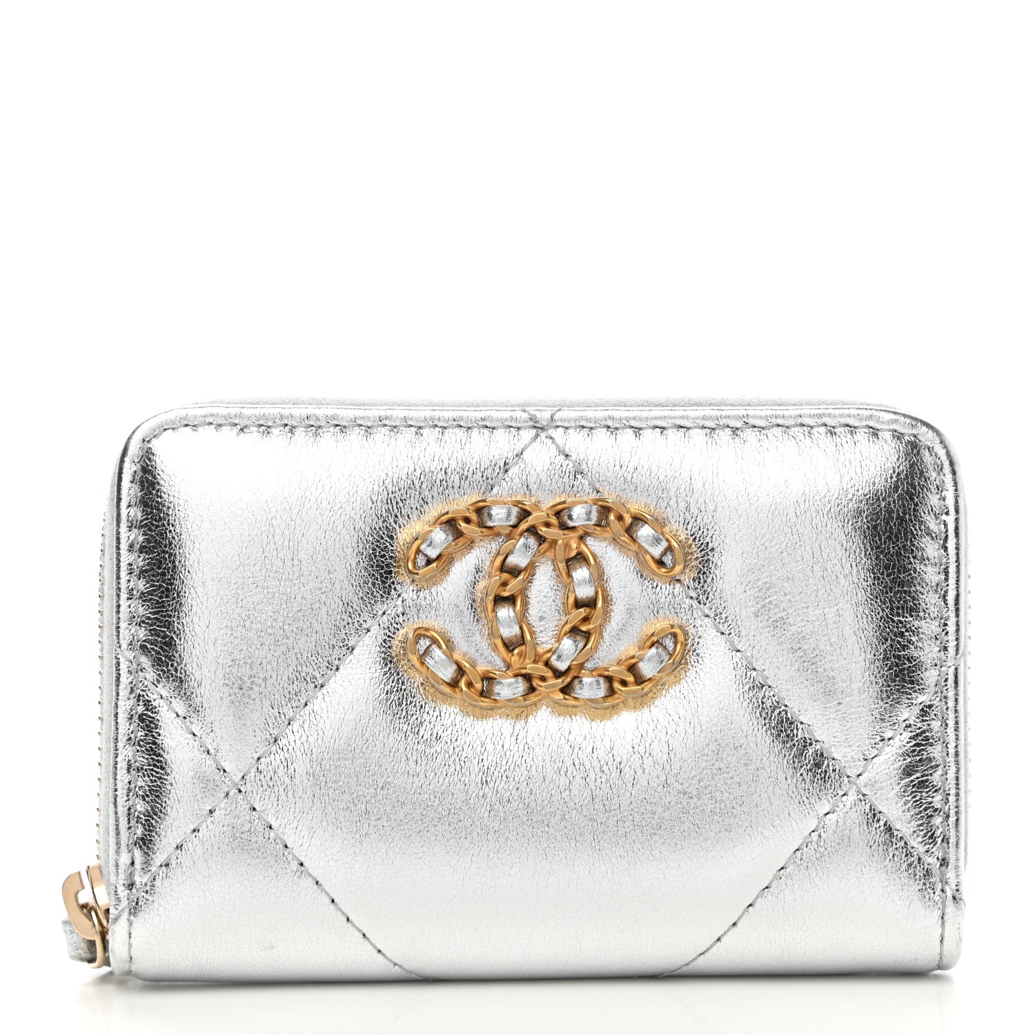 Chanel Metallic Lambskin Quilted Chanel 19 Zip Around Coin Purse Wallet Silver 1 of 8