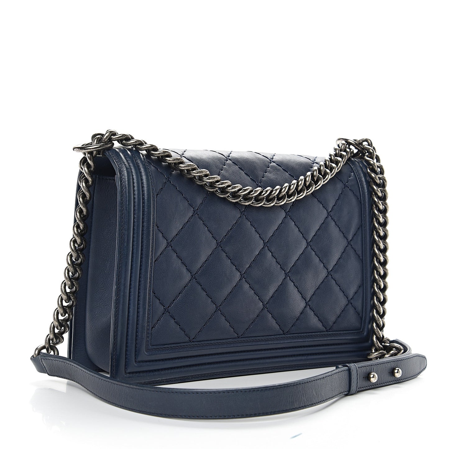 Calfskin Double Stitch New Medium Boy Flap Navy Blue