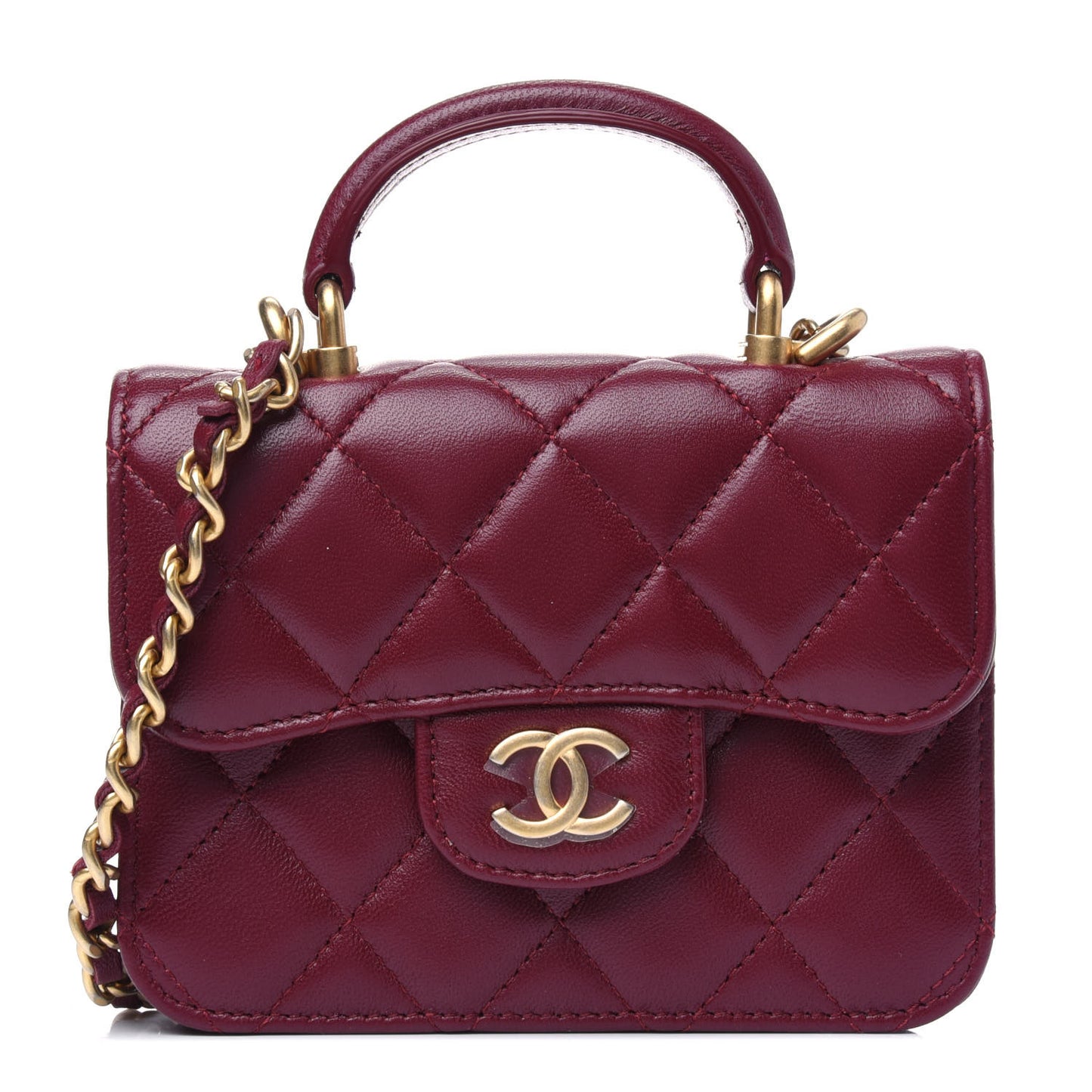 Lambskin Quilted Top Handle Flap Coin Purse With Chain Burgundy
