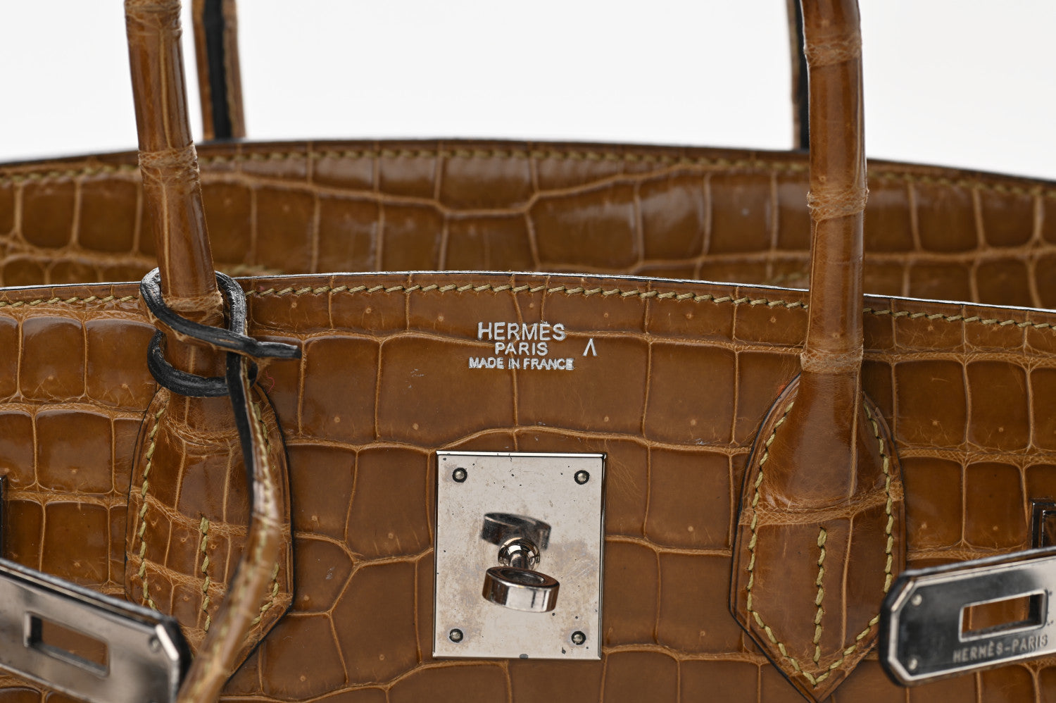 Hermes Shiny Porosus Crocodile Birkin 30 Ficelle Chartreuse 26 of 42