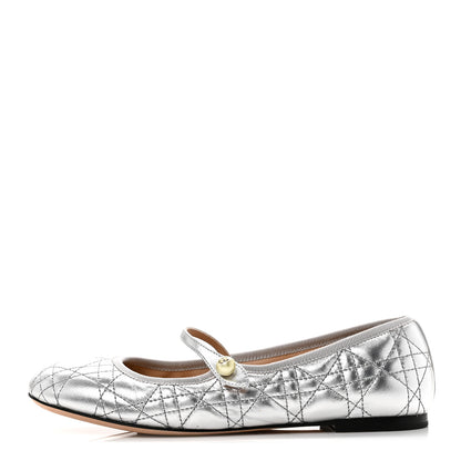 Christian Dior Metallic Lambskin Cannage Pearl Ballet Flats 38.5 Steel 1 of 9