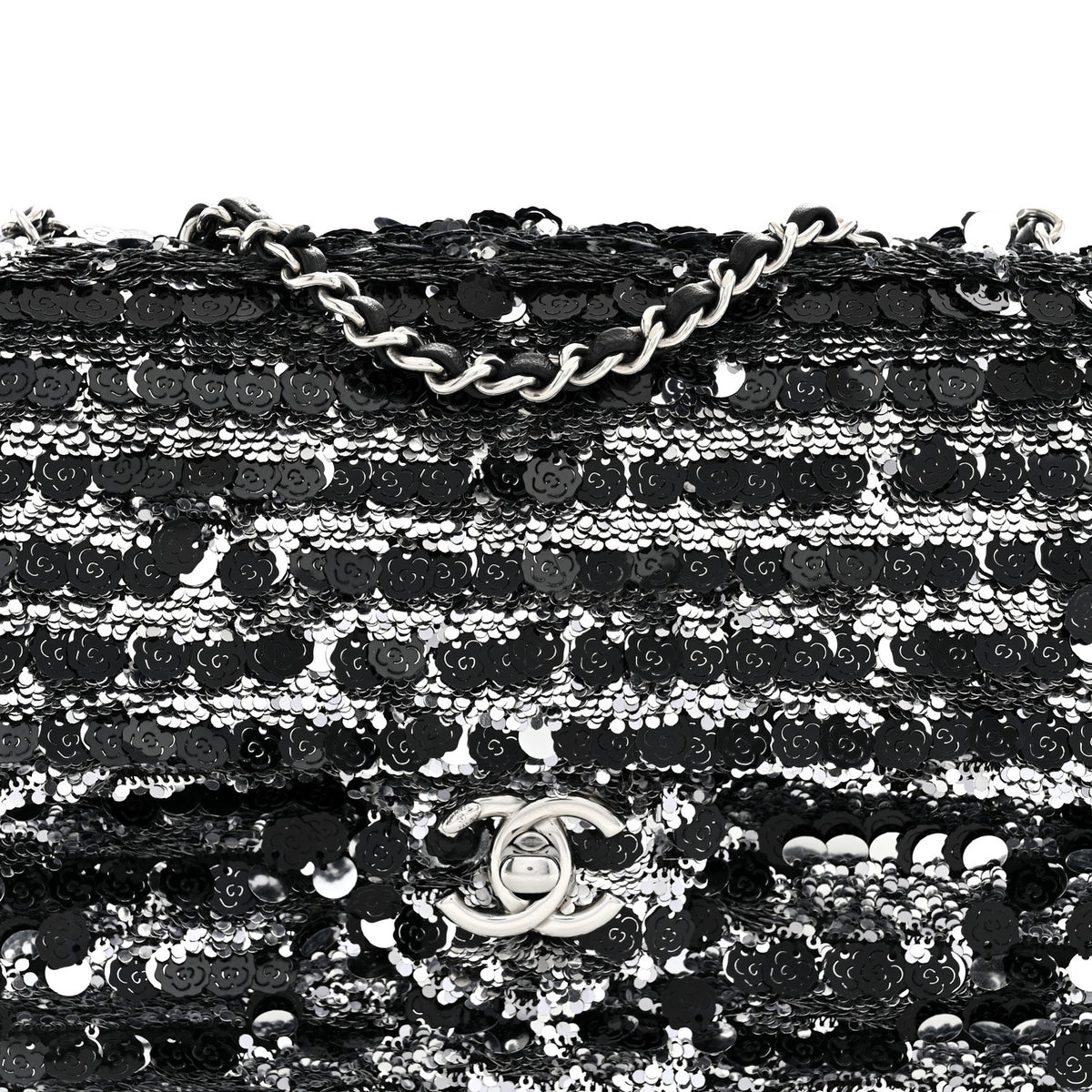 Chanel Sequin Camellia Small Single Flap Silver Black 8 of 11