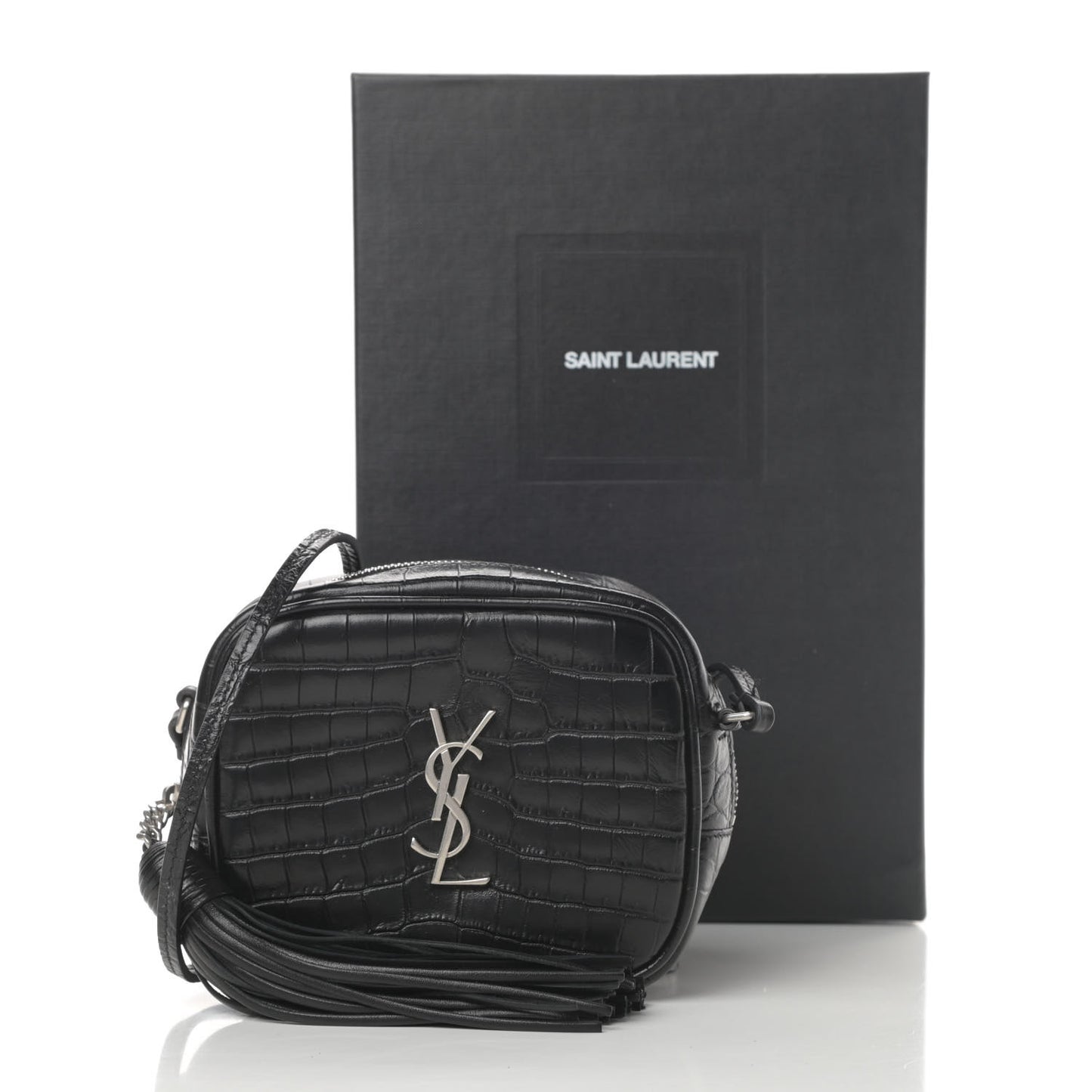 Calfskin Crocodile Embossed Monogram Blogger Bag Black
