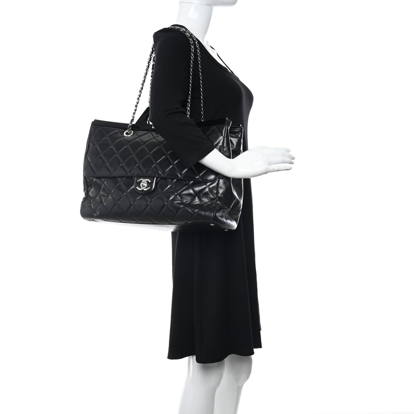 Glazed Calfskin Quilted Large CC Delivery Tote Black