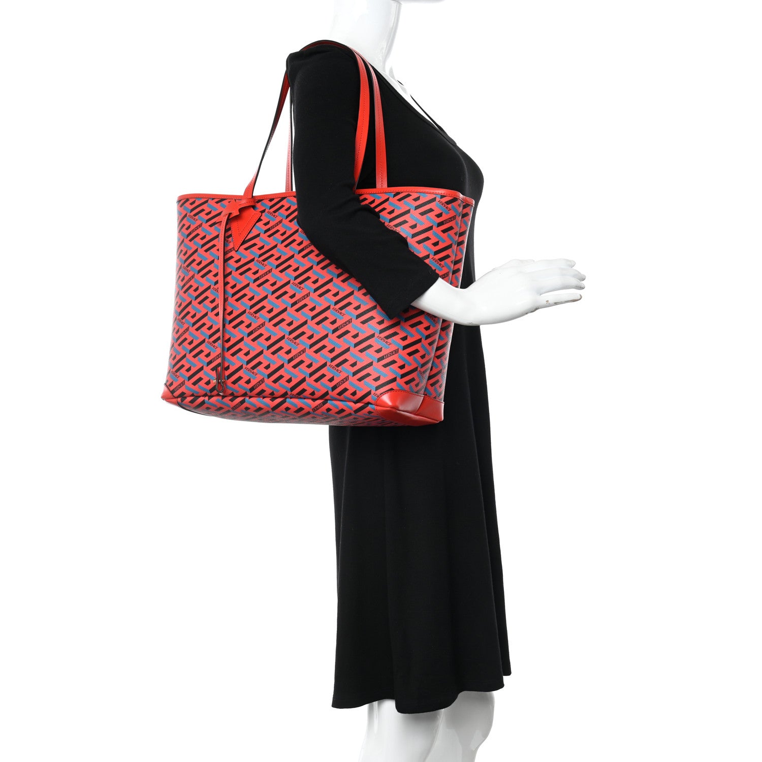 Versace Coated Canvas Calfskin La Greca Signature Shopper Tote Bag Blue Red 2 of 13
