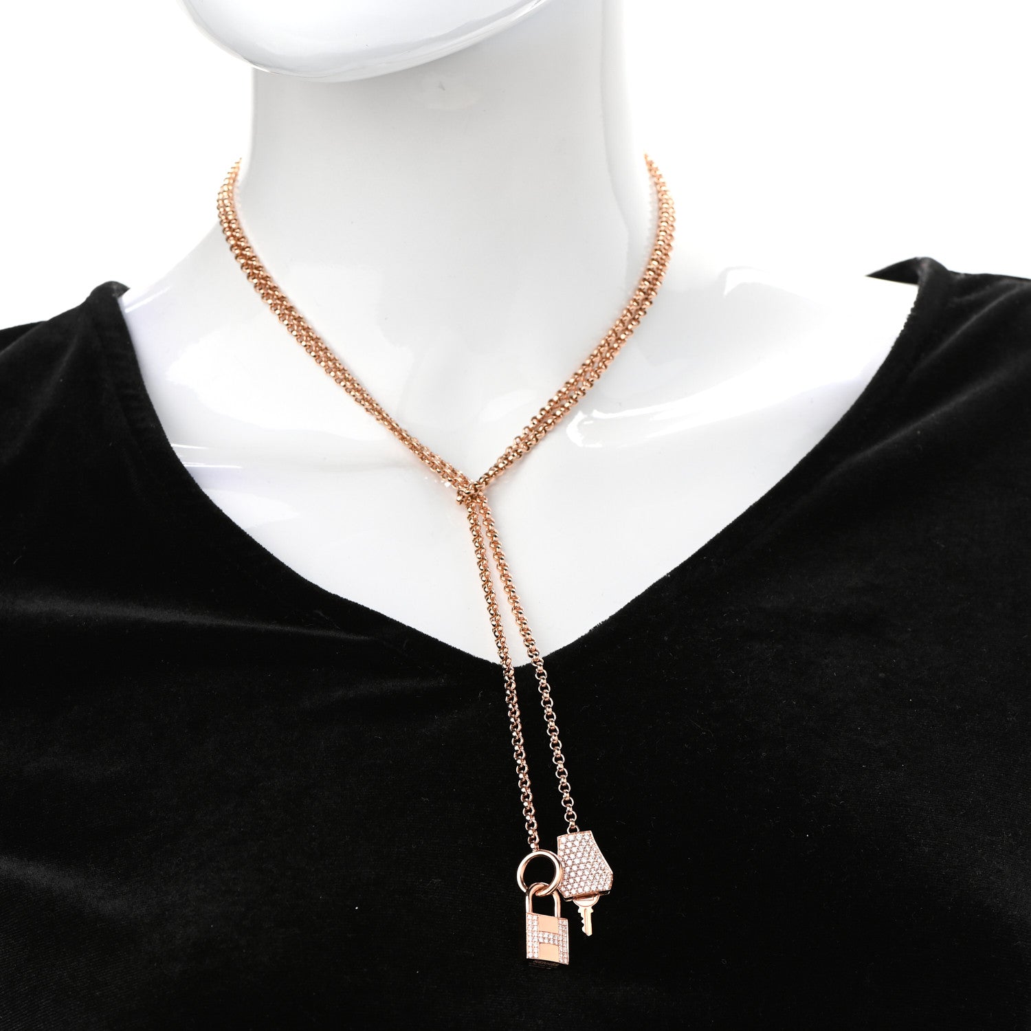 Hermes 18K Rose Gold Pave Diamond MM Kelly Clochette Long Necklace 2 of 5