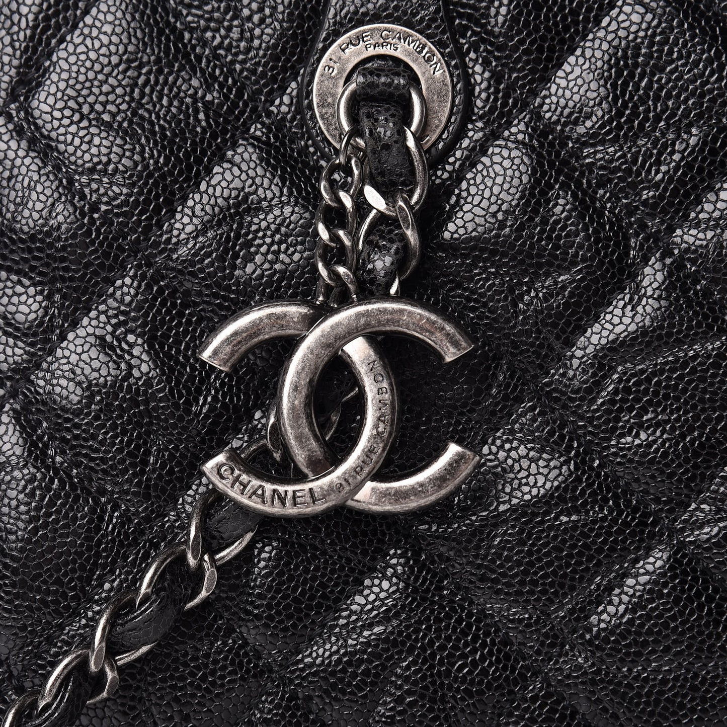 Crumpled Grained Calfskin Quilted CC Crave Tote Black