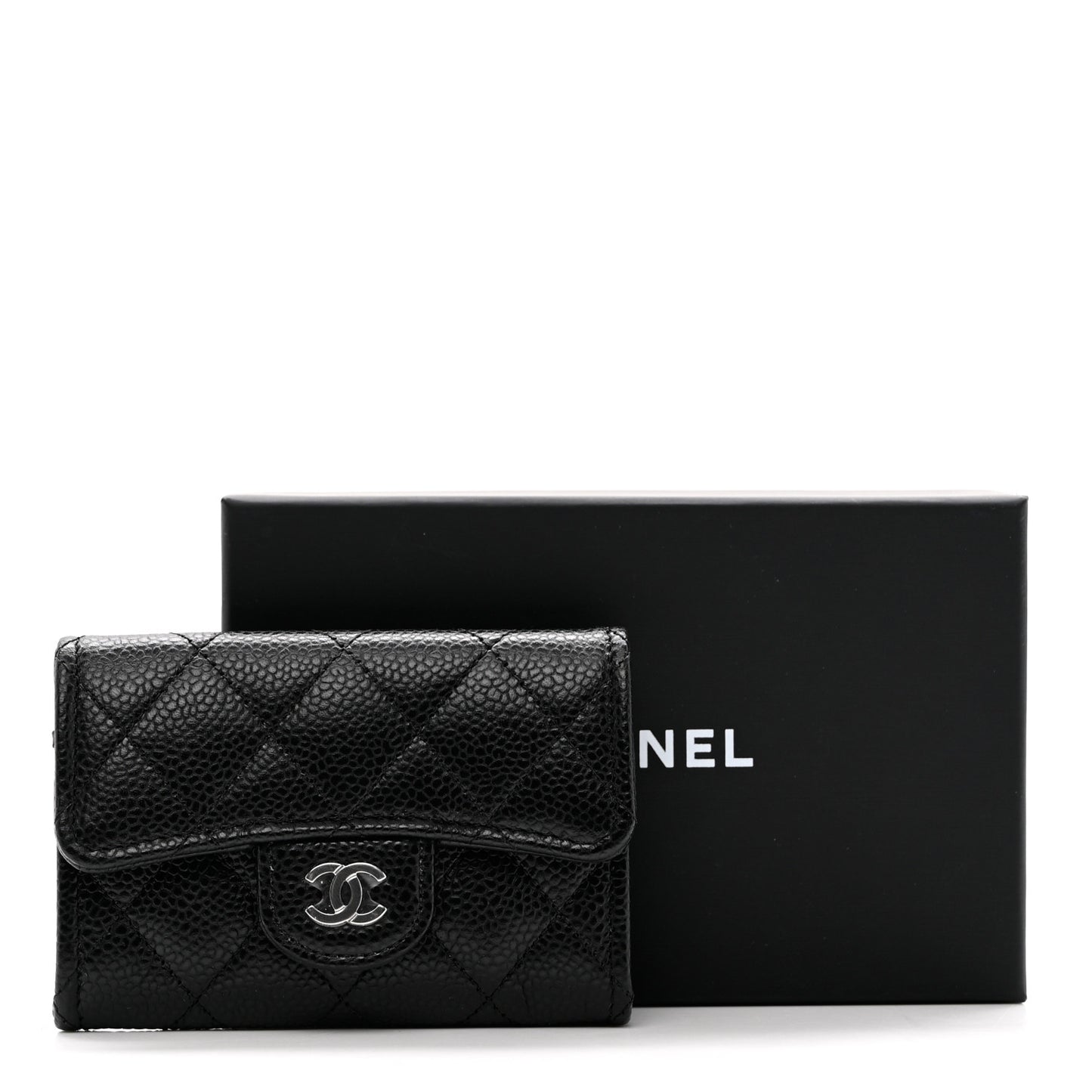 Caviar Quilted Flap Card Holder Wallet Black