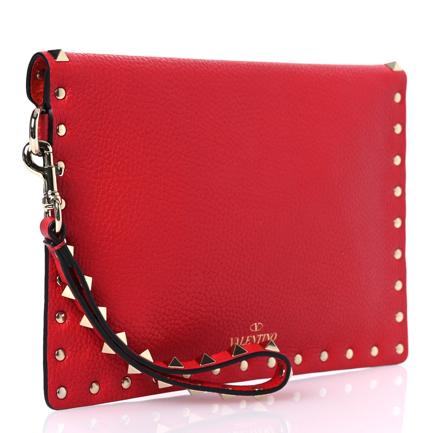 Pebbled Calfskin Medium Rockstud Envelope Flat Wristlet Pouch Rouge Pur