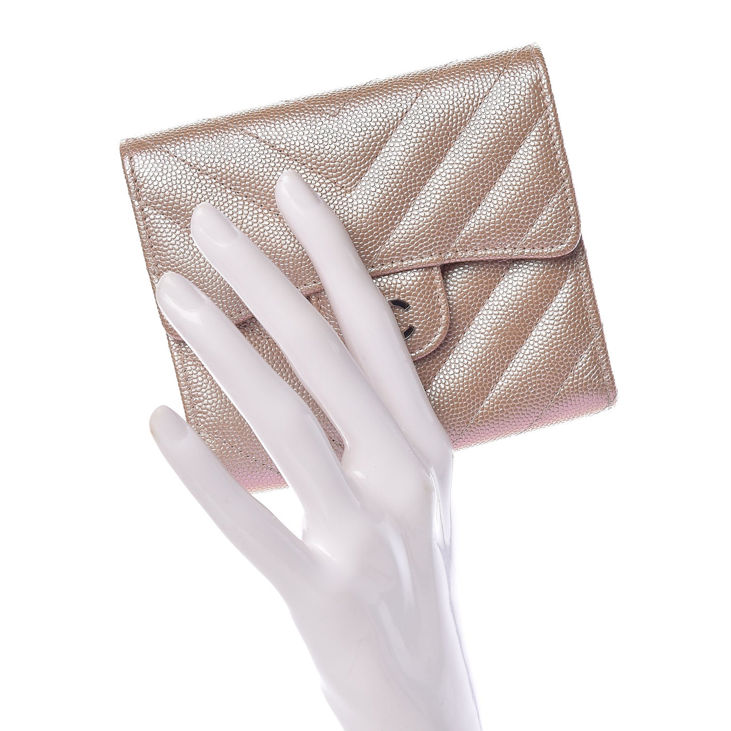 Metallic Caviar Chevron Quilted Compact Flap Wallet Light Gold